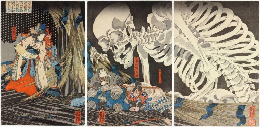 Utagawa Kuniyoshi - Princess Takiyasha summons a skeleton spectre to frighten Mitsukuni [1844]