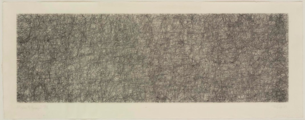 John Cage | R3 (from the Where R=Ryoanji series), 1983, drypoint, Image Size- 7 x 21-1_2″, Paper Size- 23-1_4 x “, Edition 9-1_4